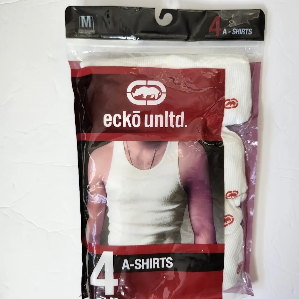 Ecko Mens Ribbed White A Shirts Medium 4 Pack Athletic Undershirt Muscle Shirt